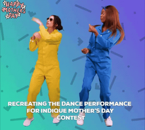 Women In Yellow And Blue Jumpsuits Dancing GIF
