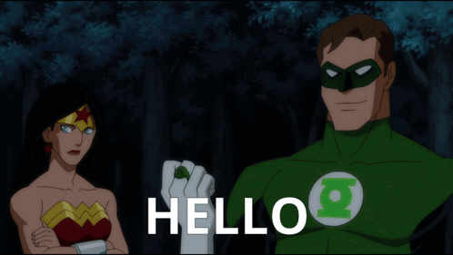 Wonder Woman And Green Lantern Are Standing Next To Each Other With The Words Hello Written In White GIF