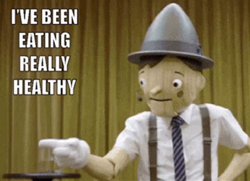 Wooden Puppet I've Been Eating Healthy Pointing