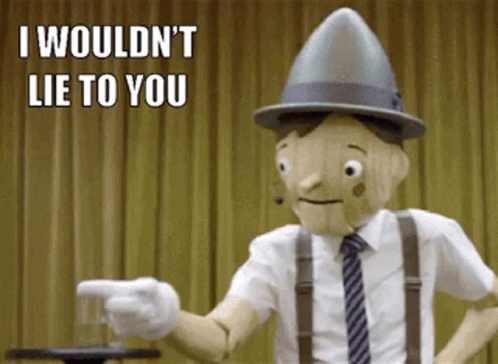 Wooden Puppet Saying I Wouldn't Lie GIF