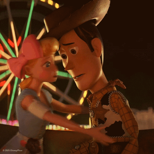 Woody And Bo Peep From Toy Story Are Hugging In Front Of A Ferris Wheel GIF