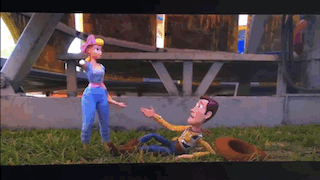 Woody And Bo Peep From Toy Story Are Standing Next To Each Other In The Grass . GIF