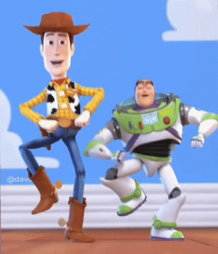 Woody And Buzz Lightyear From Toy Story Are Dancing Together In A Room . GIF