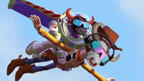 woody and buzz lightyear from toy story are flying through the air