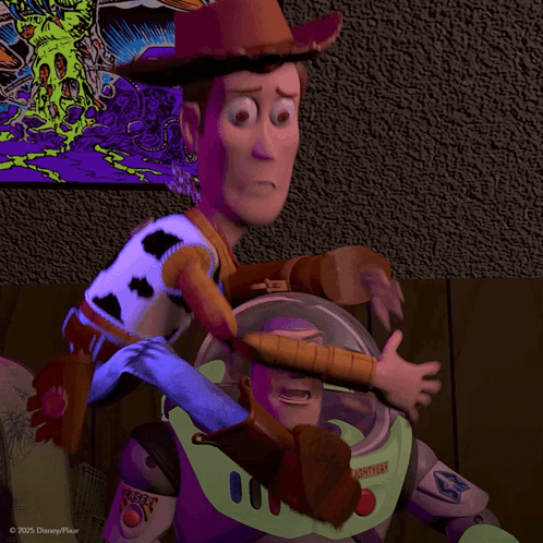 Woody And Buzz Lightyear From Toy Story Are Shown Together GIF