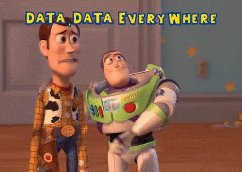 Woody And Buzz Lightyear From Toy Story Standing Next To Each Other With The Words Data Data Everywhere Above Them GIF