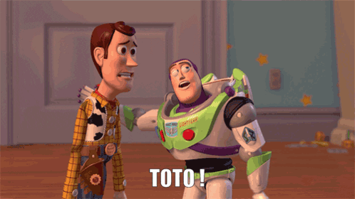 Woody And Buzz Lightyear From Toy Story Standing Next To Each Other With Toto Everywhere Written On The Bottom GIF
