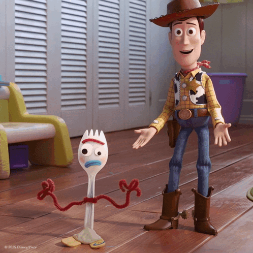 Woody And Forky From The Movie Toy Story Are Standing Next To Each Other GIF