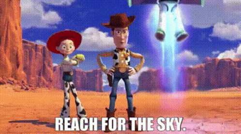 Woody And Jessie From Toy Story Are Standing Next To Each Other In The Desert While Buzz Lightyear Is Flying In The Sky GIF