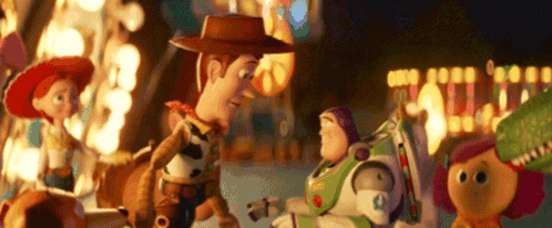 Woody , Buzz Lightyear , And Jessie From Toy Story Are Standing Next To Each Other . GIF