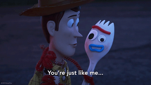 Woody From Toy Story Holding A Fork And Saying " You 'Re Just Like Me ... " GIF