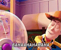 Woody From Toy Story Is Laughing While Looking At Buzz Lightyear GIF