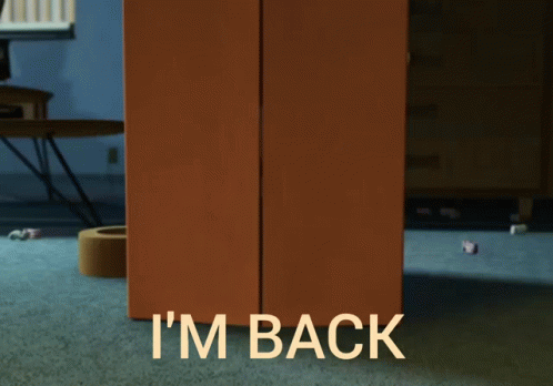 Woody From Toy Story Is Peeking Out From Behind A Cardboard Box That Says I 'M Back GIF