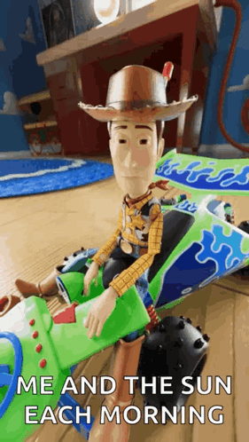 Woody From Toy Story Is Sitting On Top Of A Toy Car . GIF