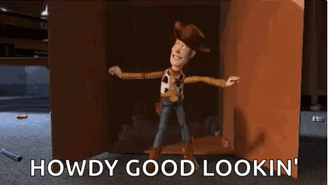 Woody From Toy Story Is Standing In A Cardboard Box . GIF