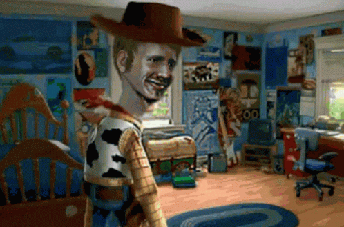 Woody From Toy Story Is Standing In A Room With Posters On The Walls GIF