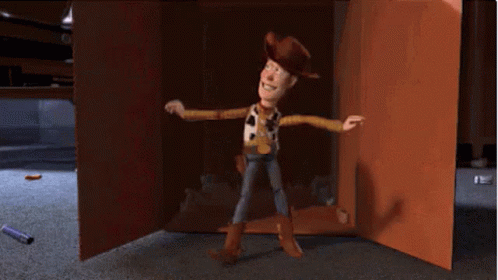 Woody From Toy Story Is Standing In Front Of A Cardboard Box GIF