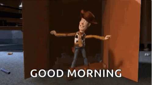 Woody From Toy Story Is Standing In Front Of A Door With The Words `` Good Morning '' . GIF