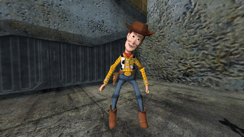 Woody From Toy Story Is Standing In Front Of A Wall GIF