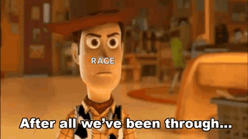 woody from toy story is talking about rage after all we 've been through .