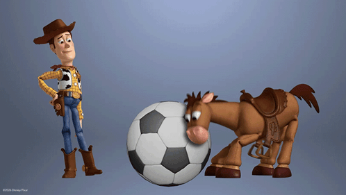 Woody From Toy Story Standing Next To A Horse And A Soccer Ball GIF