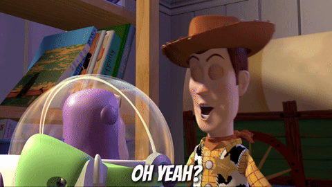 woody from toy story talking to buzz lightyear in a room