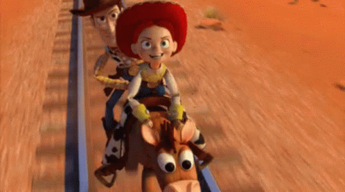Woody , Jessie , And Bullseye From Toy Story Are Riding A Roller Coaster Together . GIF