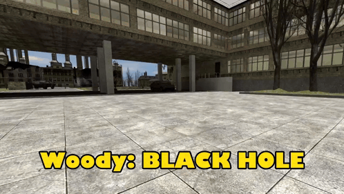 Woody 'S Black Hole Is Written In Yellow Letters On A Tiled Floor GIF