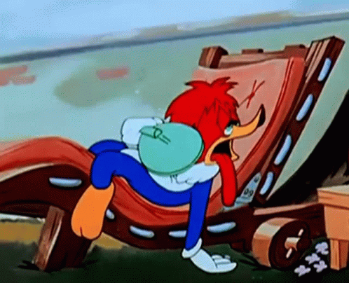 Woody Woodpecker Is Sitting In A Wooden Chair With His Mouth Open And A Bag On His Back . GIF
