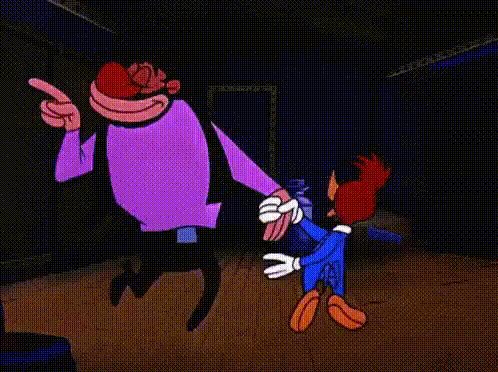 Woody Woodpecker Is Standing Next To A Man In A Purple Shirt And Pointing . GIF