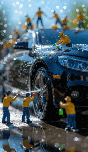 Workers Cleaning Black Car