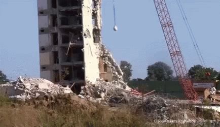 Wrecking Ball Machine Demolishing Building GIF