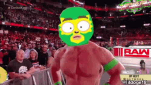Wrestler in Green and Yellow Mask with Raw Sign