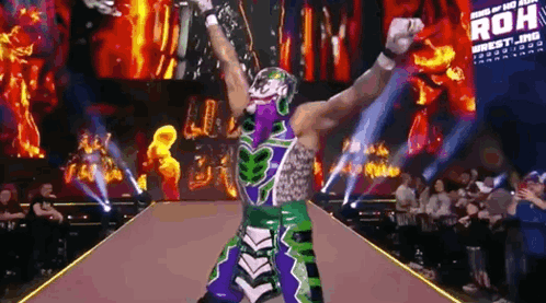 Wrestler in Purple and Green Walking Runway Crowd