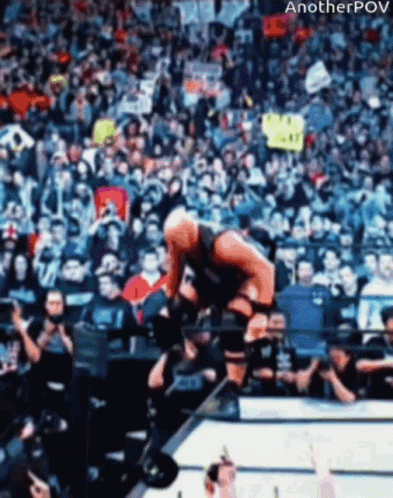 Wrestler Jumping Over Rope With Sign Saying Another Pov