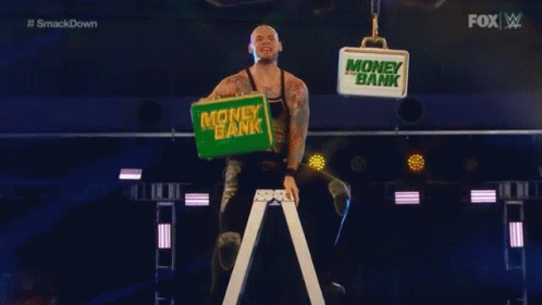 Wrestler On Ladder Holding Money Bank Briefcase GIF