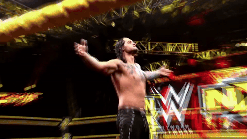 Wrestler with Arms Outstretched in Front of WWE Logo