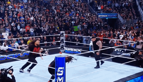 Wrestlers in Ring with Smack Down Sign