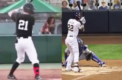 Yelich Hits Ball Swing Pose GIF