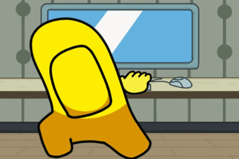 Yellow Among Us Character at Desk With Mouse