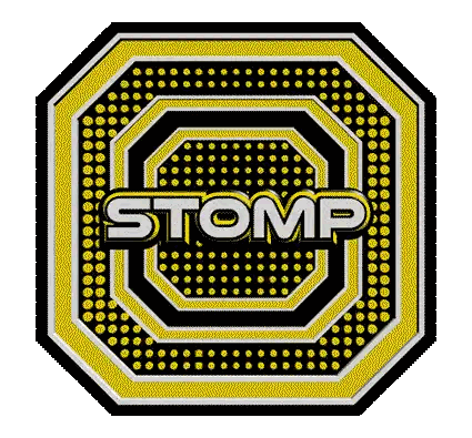 Yellow and Black Logo With Word Stomp