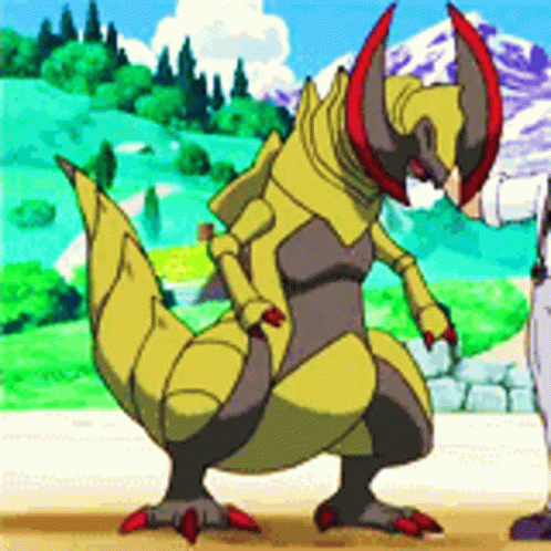 Yellow And Black Monster With Red Horns Next To Man GIF