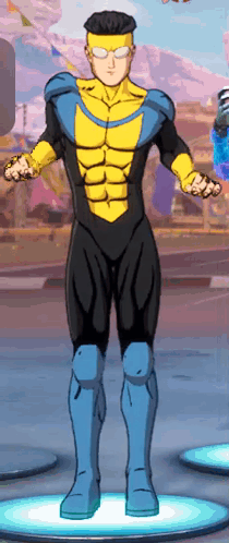 Yellow And Black Superhero Cartoon On Pedestal GIF