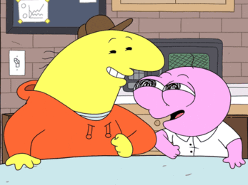 Yellow And Pink Cartoon Characters Talking GIF