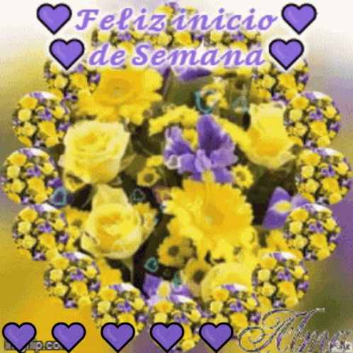 Yellow and Purple Flowers With Purple Hearts Feliz Inicio de Semana