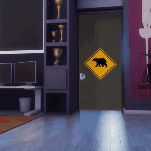 Yellow Bear Sign on Green Door