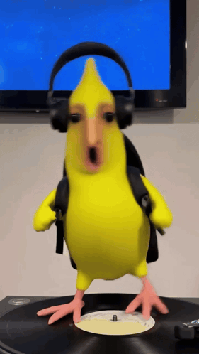 Yellow Bird Wearing Headphones on Record Player