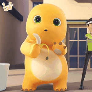 Yellow Cartoon Character Eating Banana, Police Officer Behind GIF