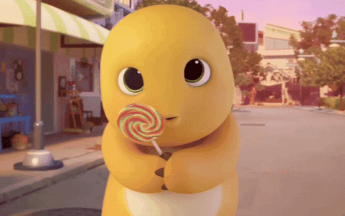 Yellow Cartoon Character Holding Lollipop In Mouth GIF