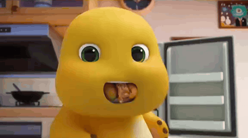Yellow Cartoon Character Standing in Front of Open Fridge